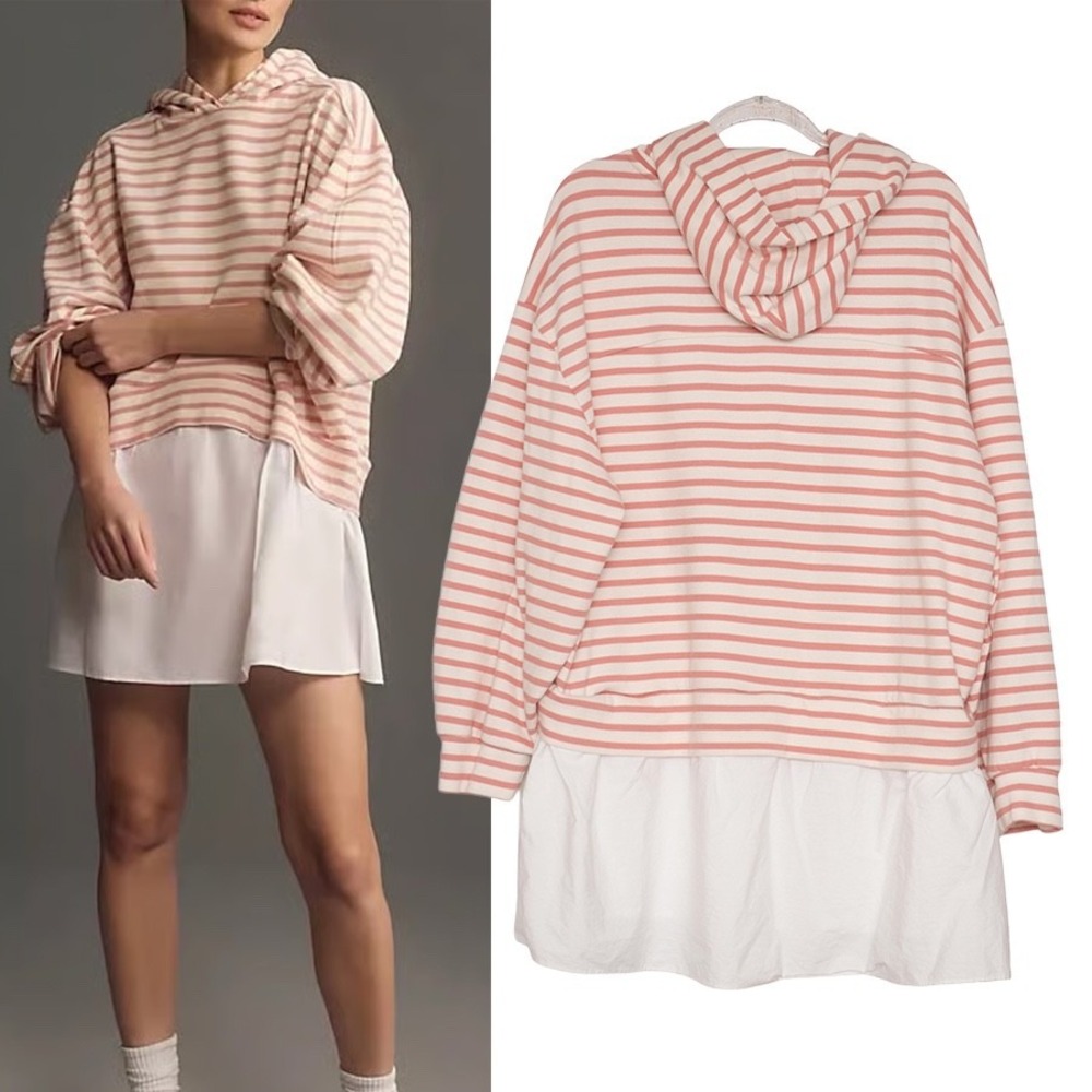 Anthropologie‎ Sz L Pilcro Hooded Sweatshirt Dress Pink Stripe SO SOFT Boho Chic